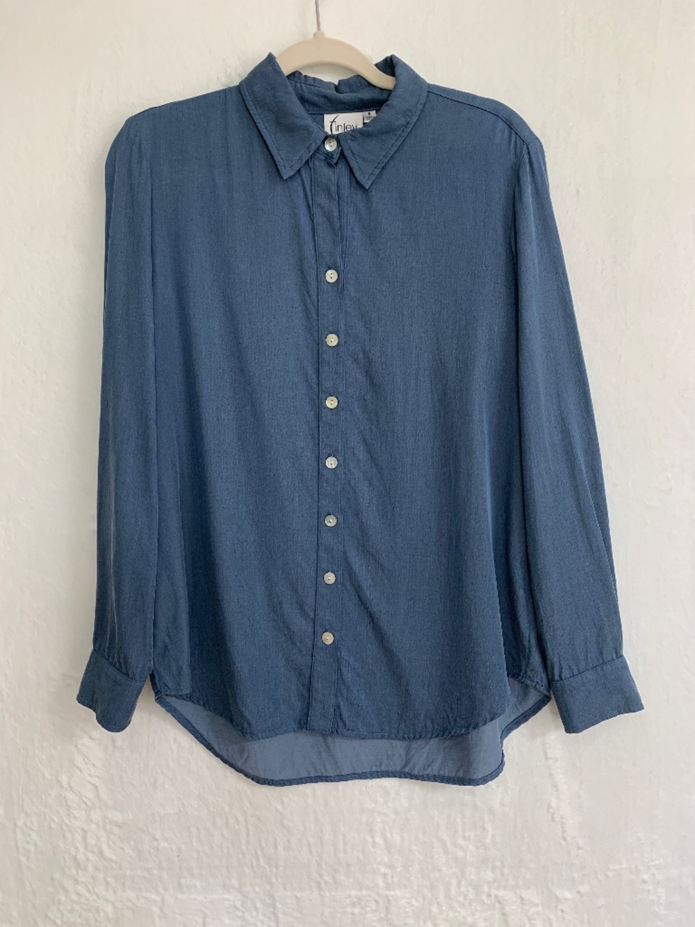 Finley Blue Cupro & Cotton Button Down Shirt Relaxed Fit Sz S